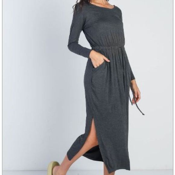 Cherish Charcoal Long Sleeve Basic Maxi Dress NWT - Picture 1 of 3